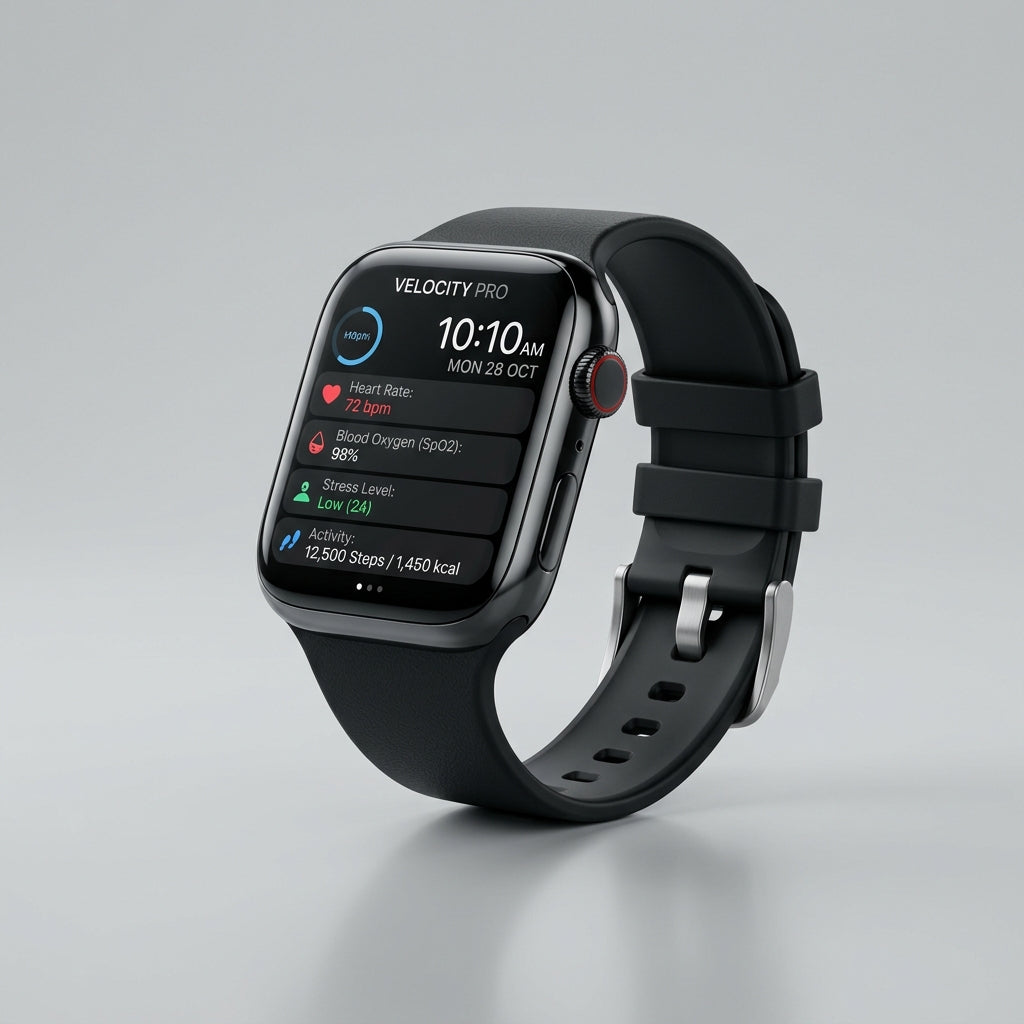 Velocity Pro black smartwatch displaying heart rate and health fitness stats