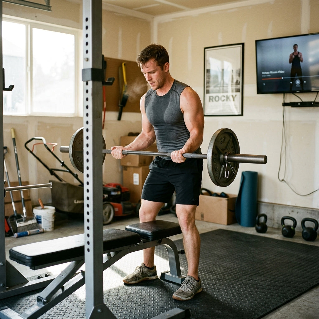 Muscular man lifting heavy barbell in a home garage gym