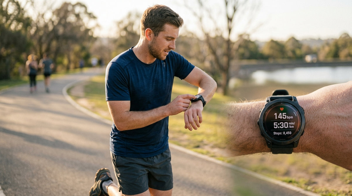 Man checking heart rate on smart watch while running outdoors