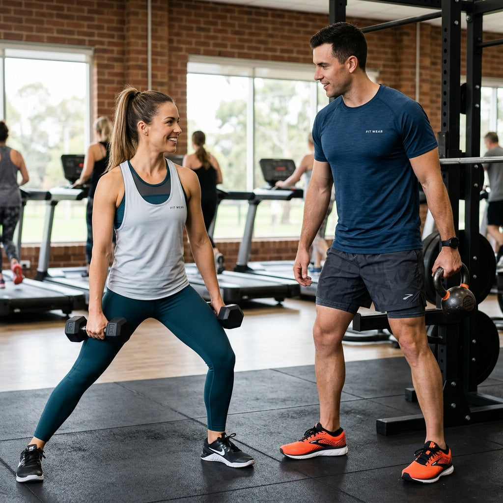 Smiling man and woman working out together in a modern gym