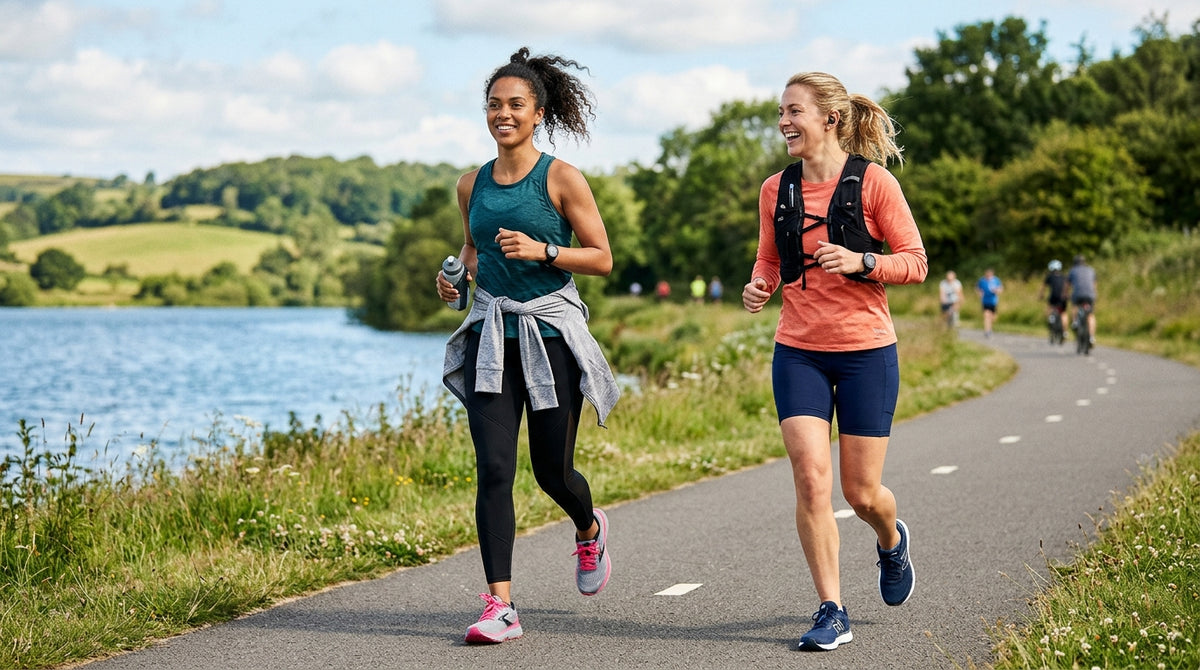 Two happy women jogging together on a scenic outdoor trail
