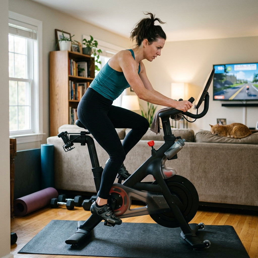 Woman riding indoor exercise bike in home gym living room
