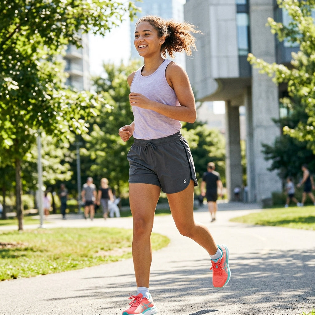 Young athletic woman running in a sunny urban city park