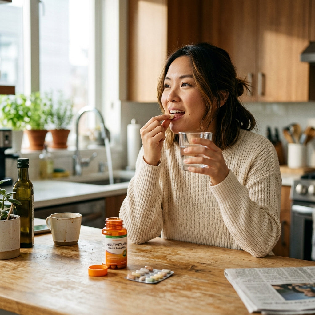 Smiling woman taking multivitamin supplement with water in bright kitchen