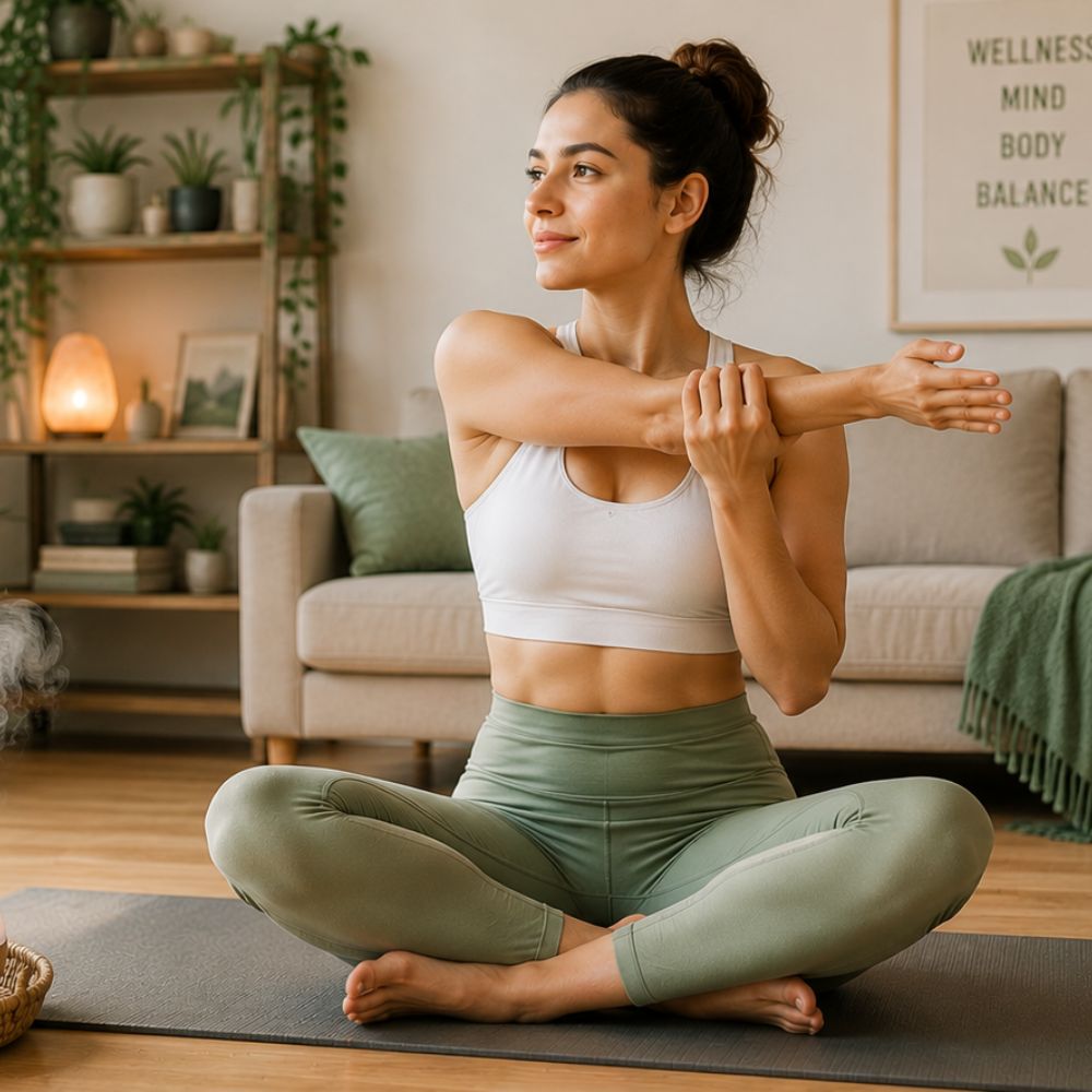 Woman stretching on yoga mat in cozy home wellness space